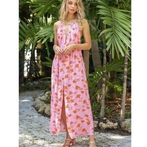 BLUE‎ LIFE Pink Floral Adjustable Straps Olivia Maxi Sun Dress Front Split SZ M